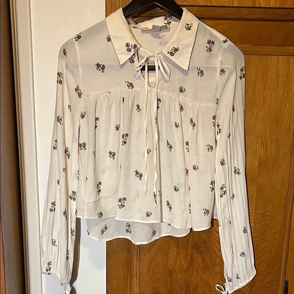 Forever 21 Cream Floral Blouse with Tie-Neck